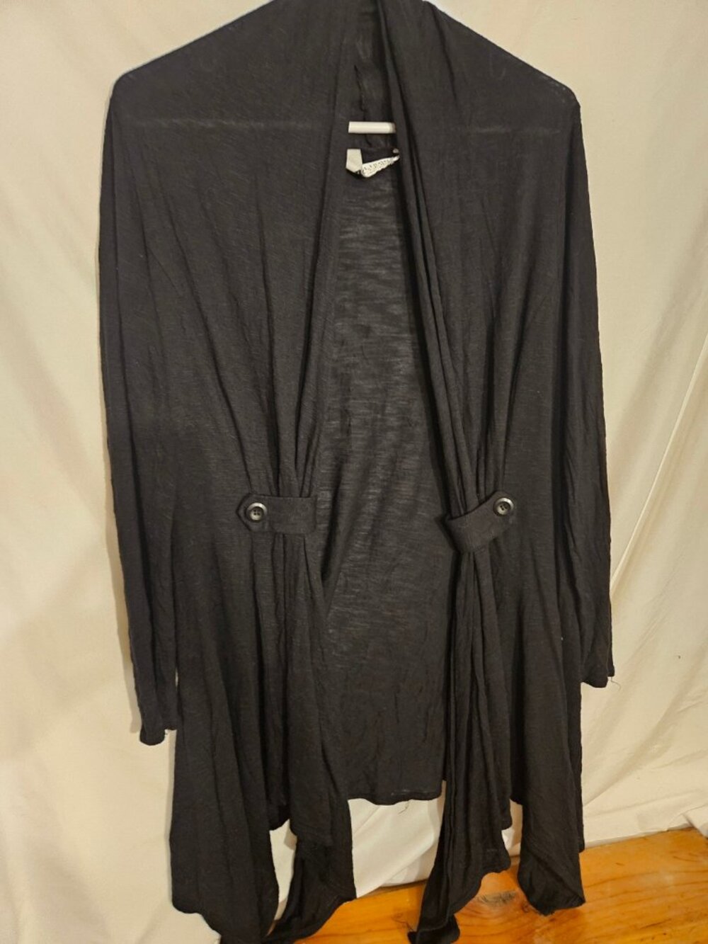 Black Long Open Cardigan with Button Details